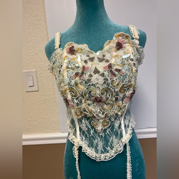 Vintage Rare Gold Label  1990s Ivory Hand-Beaded Lace Corset Bustier‎ - Picture 5 of 13